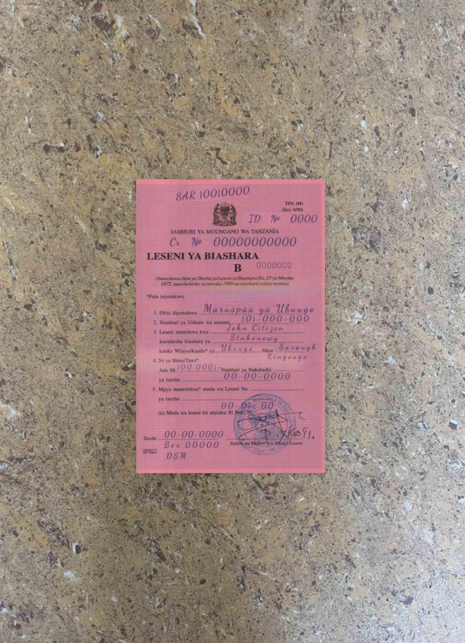 Download Tanzania business license photolook FRONT Photoshop template